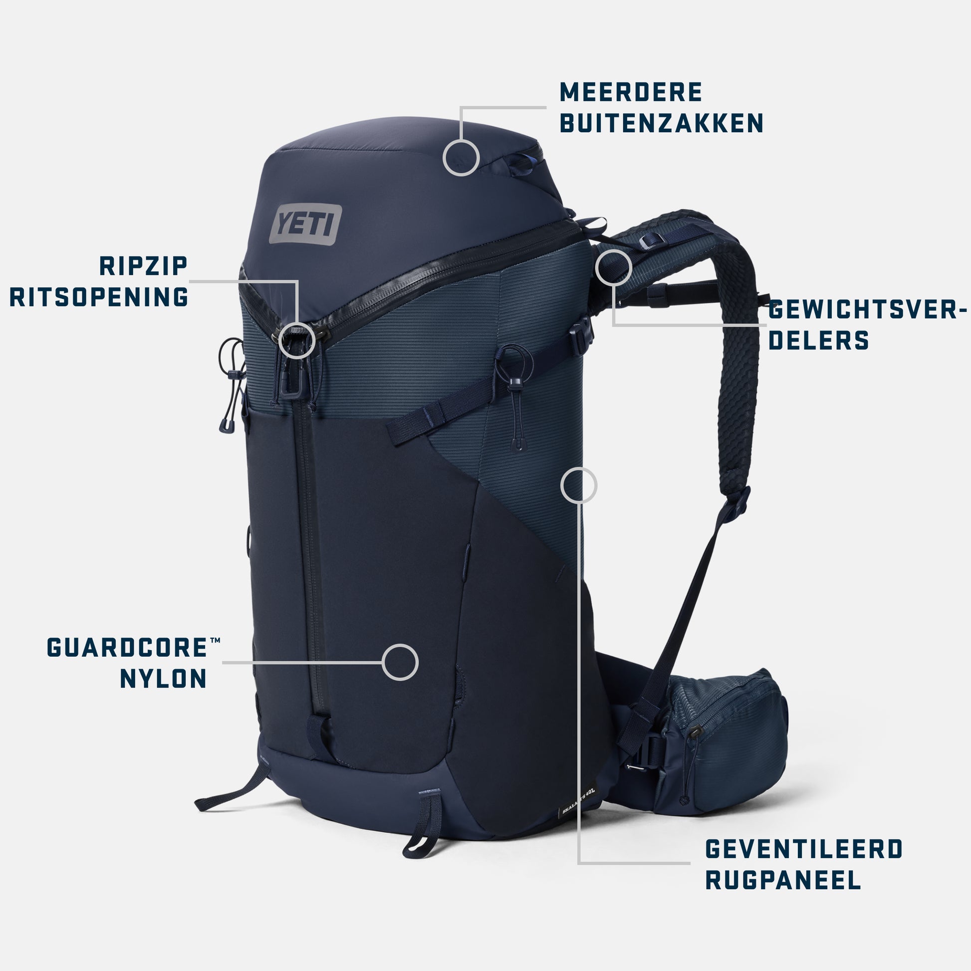 Navy blue backpack with features labeled on a white background Dutch