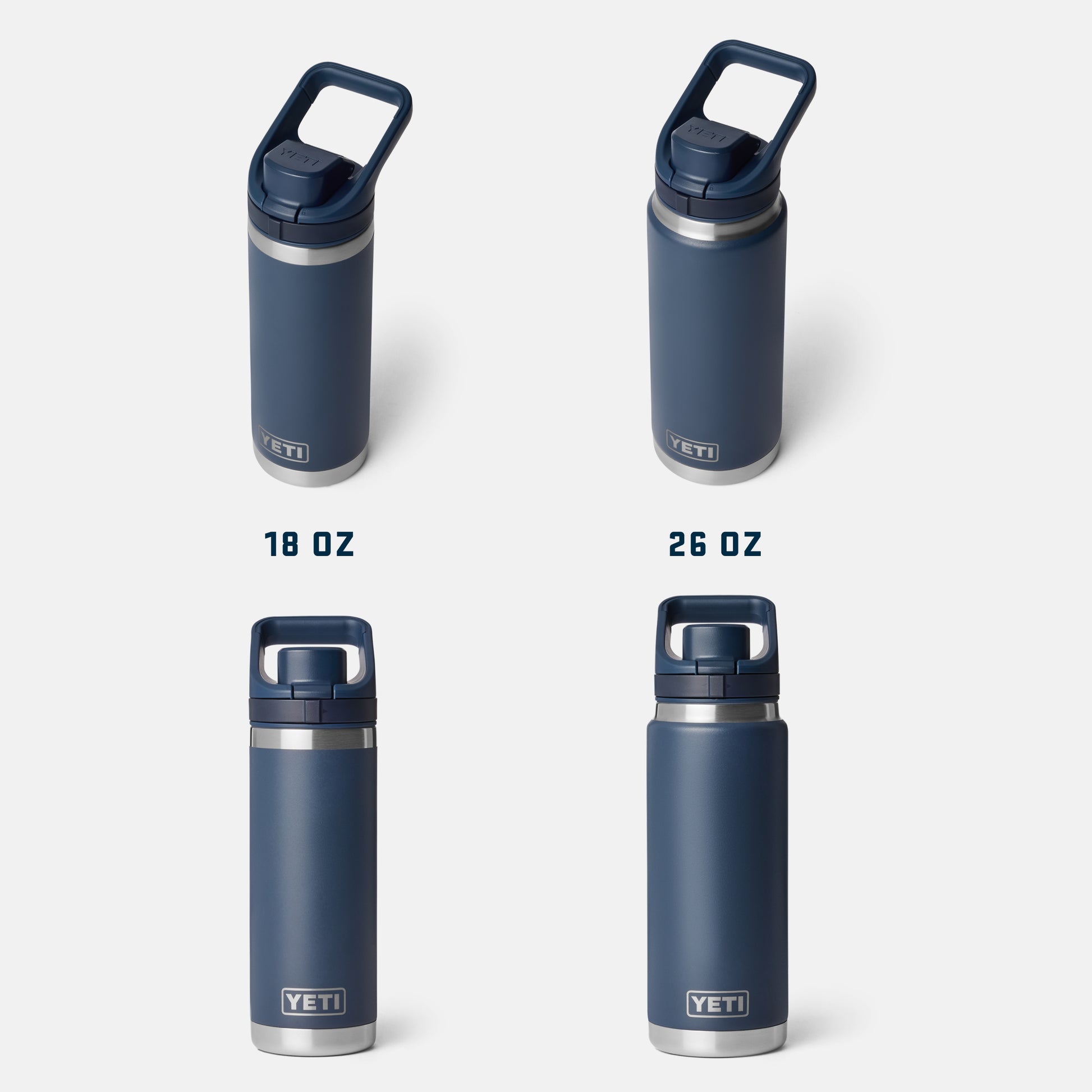 Four YETI water bottles in navy blue with silver bases on a white background.