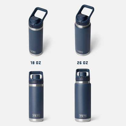 Four YETI water bottles in navy blue with silver bases on a white background.