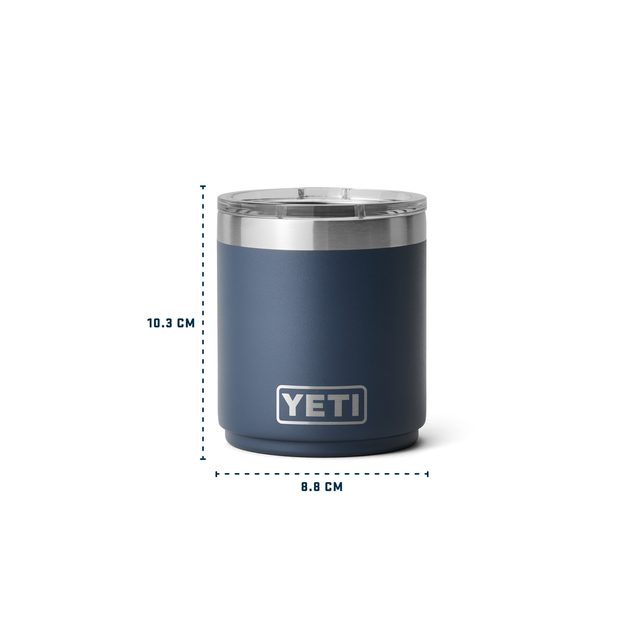 Blue YETI lowball with dimensions on a white background
