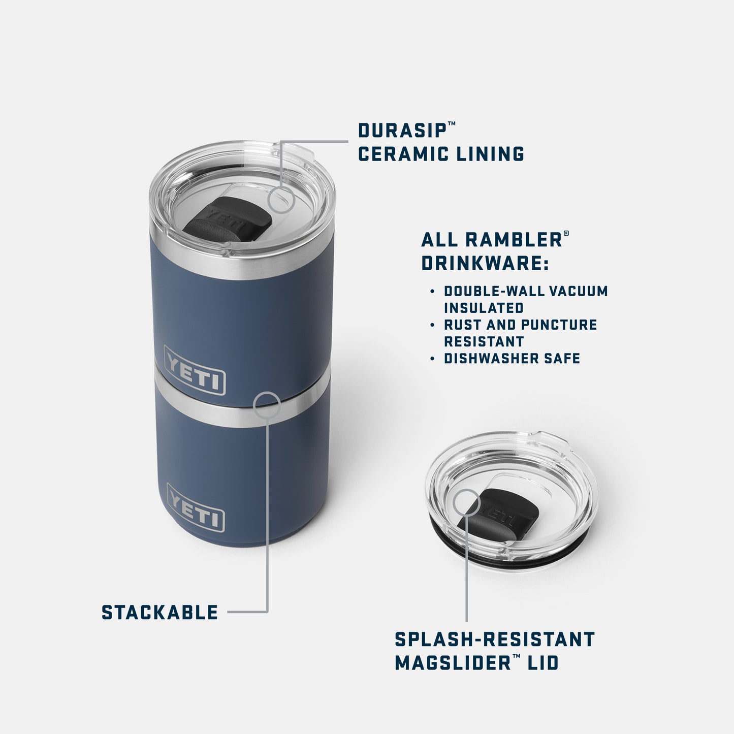 Blue YETI Rambler Lowball with features highlighted on a white background