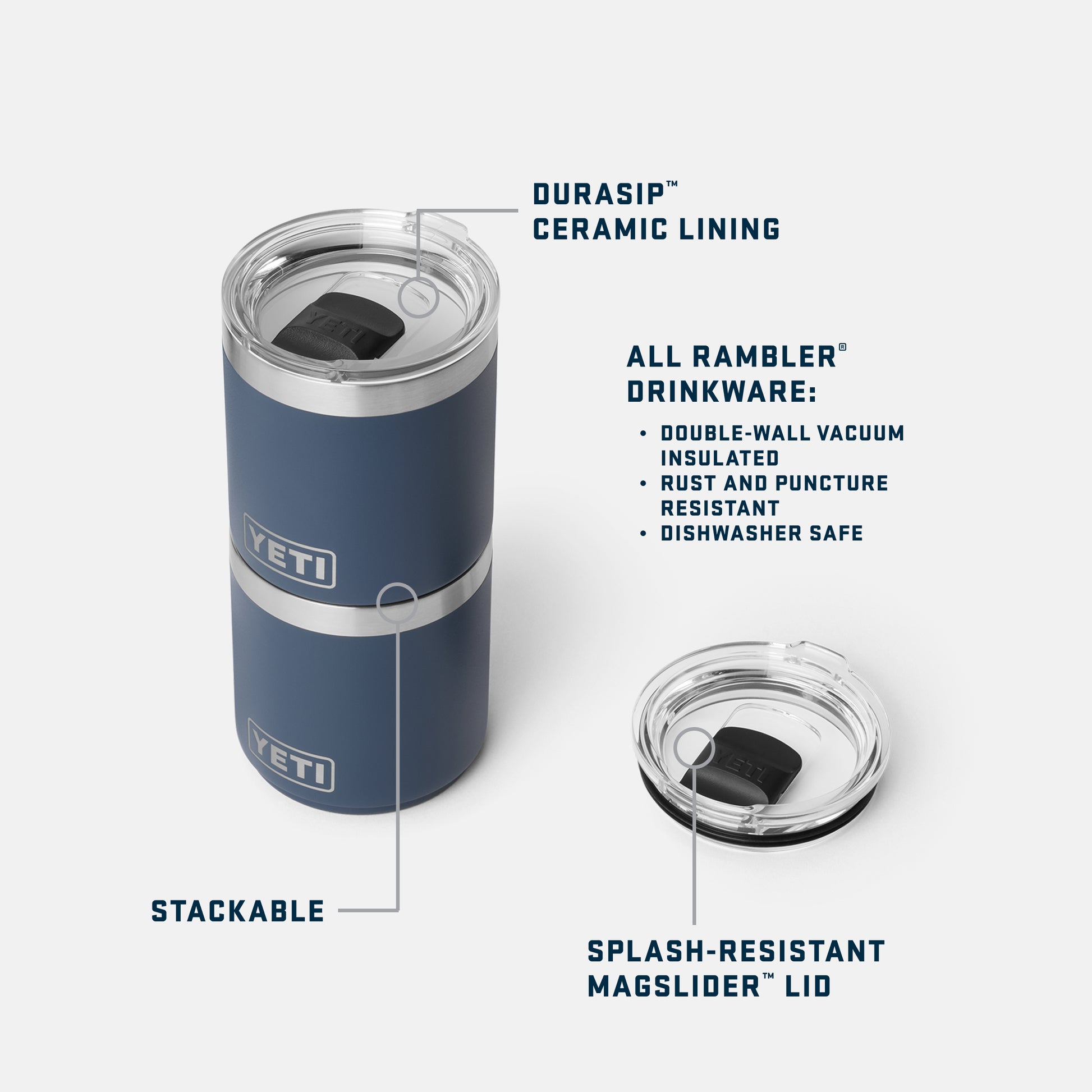 Blue YETI Rambler Lowball with features highlighted on a white background