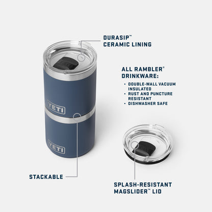 Blue YETI Rambler Lowball with features highlighted on a white background