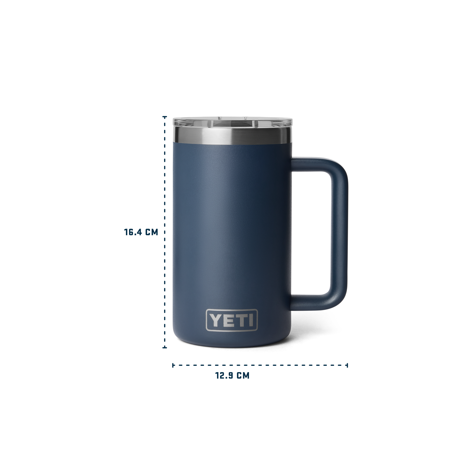 Blue YETI mug with dimensions on a white background