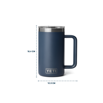 Blue YETI mug with dimensions on a white background