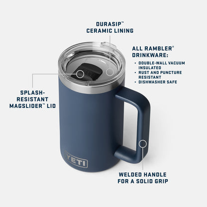 Blue YETI mug with features highlighted on a white background