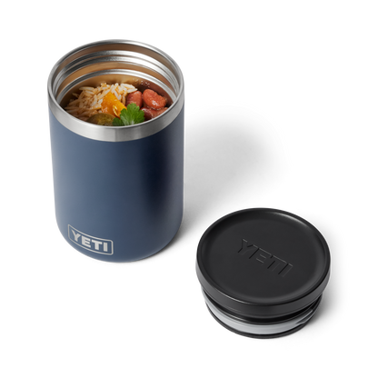 Blue YETI insulated food jar with black lid on a white background