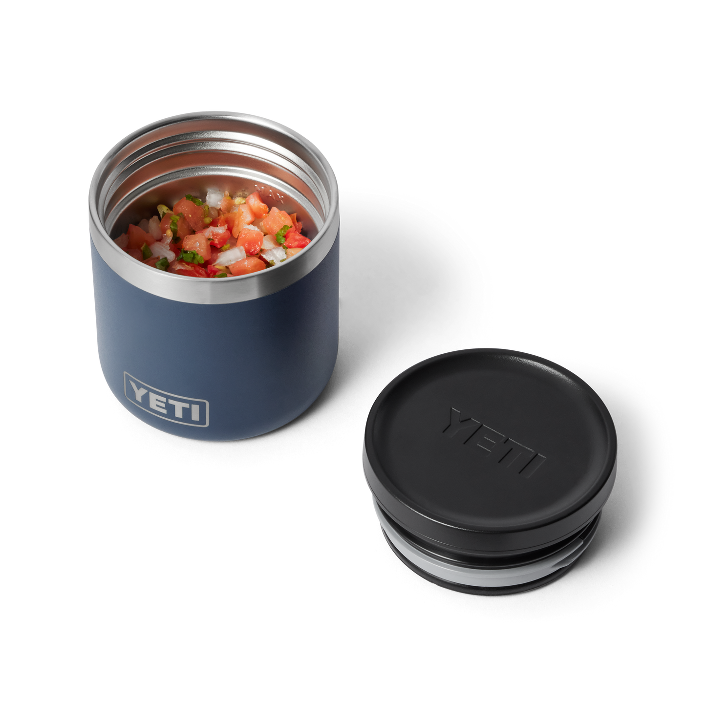 Blue YETI insulated food jar with black lid on a white background