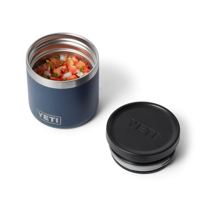Blue YETI insulated food jar with black lid on a white background